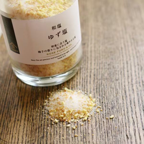 Yuzu salt from Japan by Kuzefuku Shoten – front package view Yuzu salt from Japan by Kuzefuku Shoten – front package view