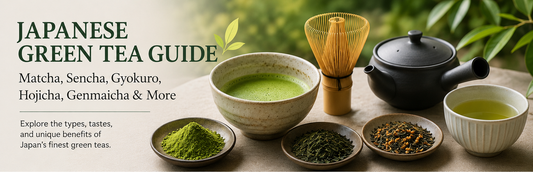 Japanese green tea guide featuring matcha powder, sencha tea, bamboo whisk, kyusu teapot, and loose tea leaves