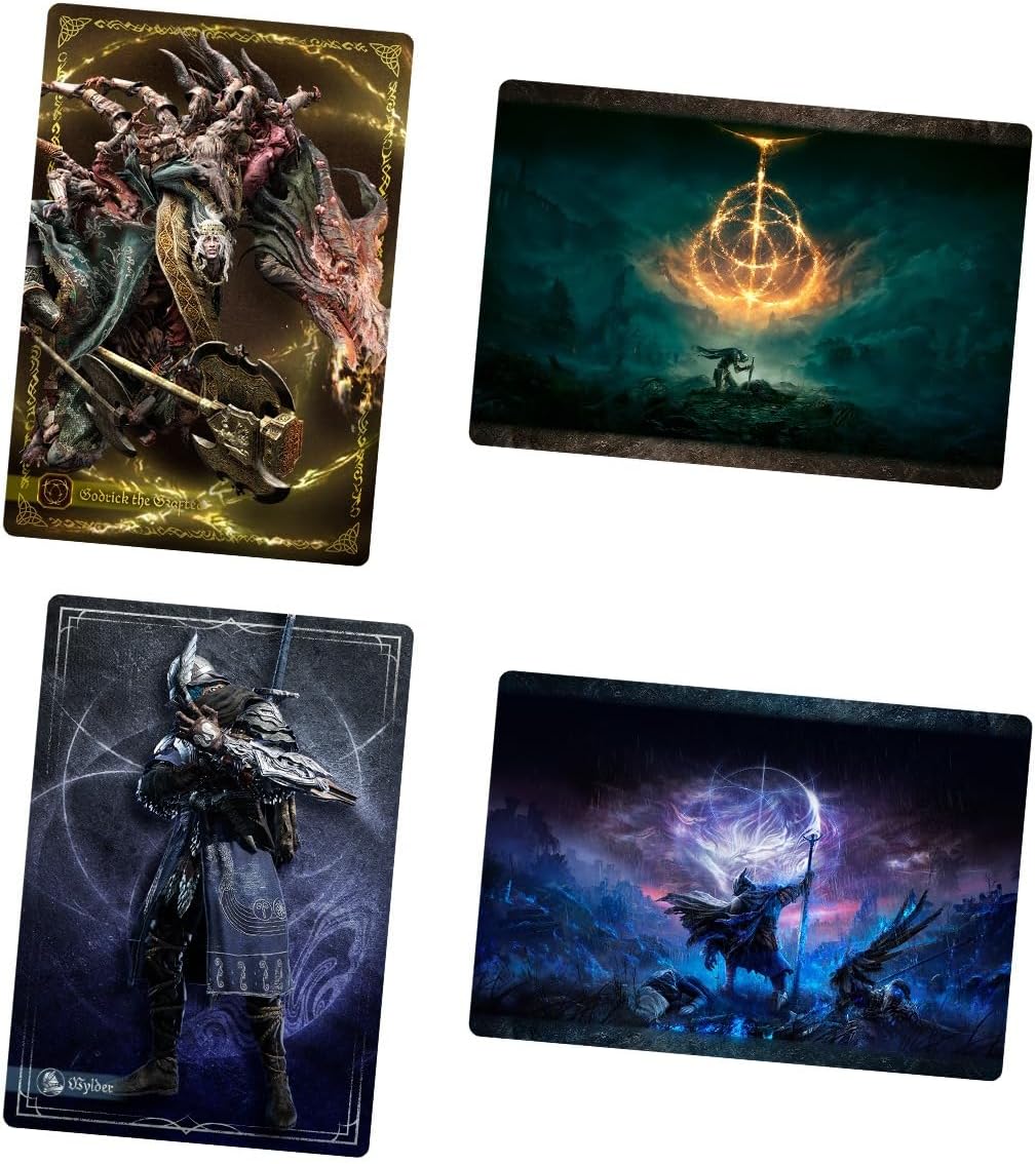 Elden Ring Twin Wafer Box featuring collectible metallic character cards and chocolate wafers.