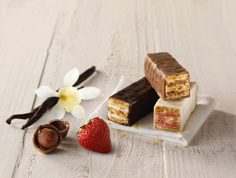 Three assorted flavors of Akai Boushi Mille-Feuille—chocolate, hazelnut gianduja, and strawberry pastries
