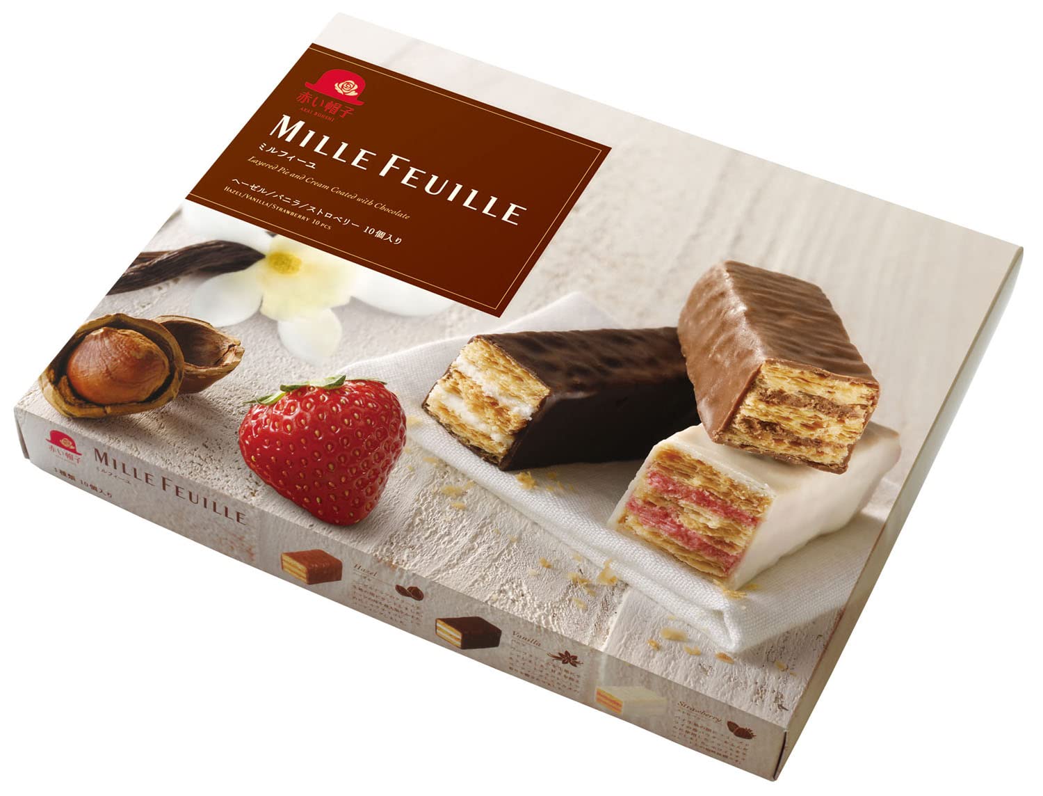 Individually wrapped Akai Boushi Mille-Feuille bars with red and gold packaging design