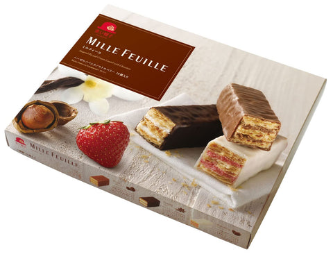 Individually wrapped Akai Boushi Mille-Feuille bars with red and gold packaging design