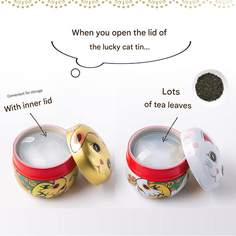 Arahataen Fukamushi Sencha Shizuoka green tea in reusable lucky cat tins