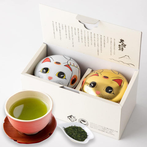 Arahataen Shizuoka deep steamed green tea gift set with lucky Maneki Neko tea tins