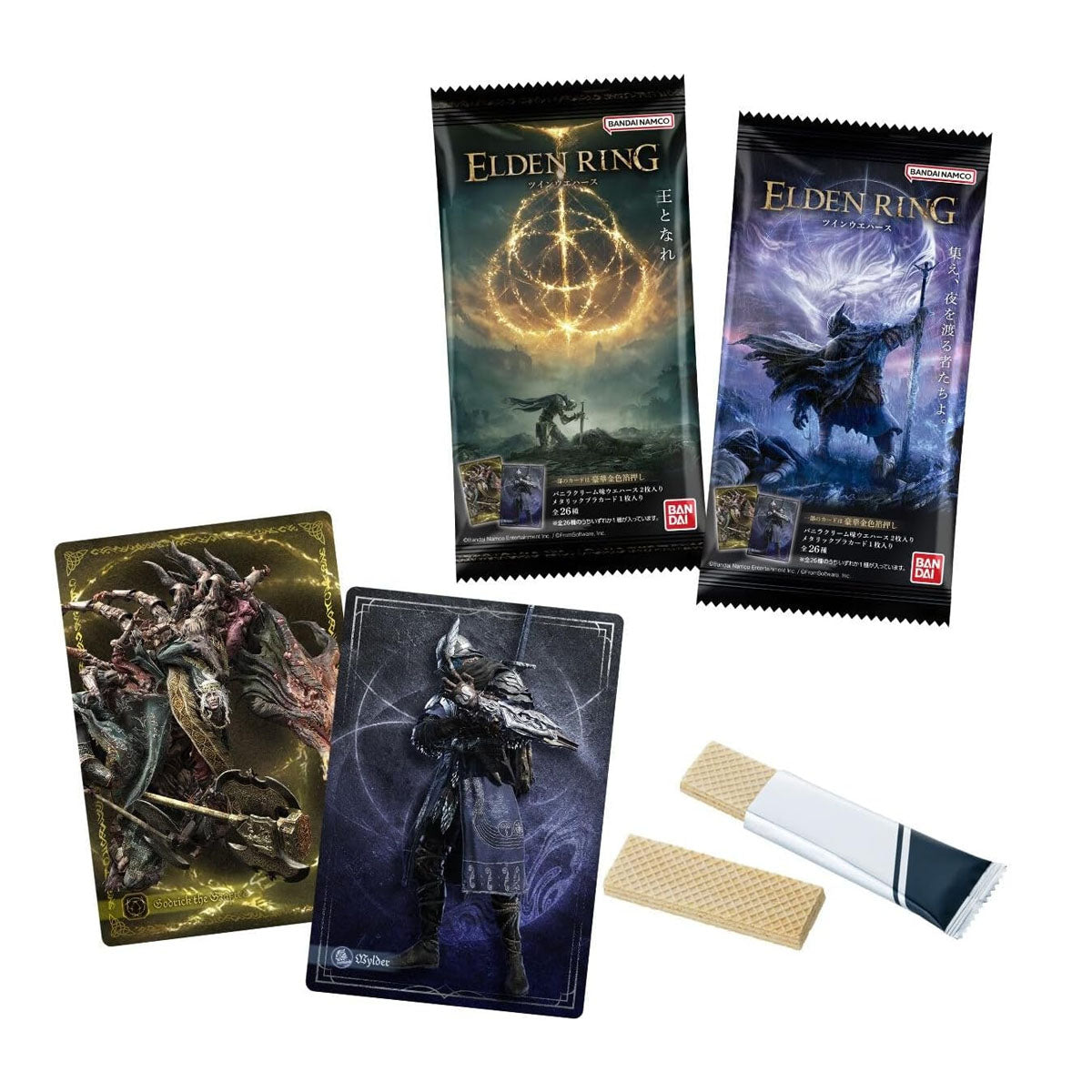 Elden Ring Twin Wafer Box featuring collectible metallic character cards and chocolate wafers.