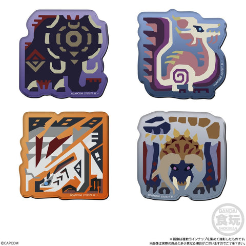 Detailed view of BANDAI Monster Hunter acrylic magnets showing 3D thickness and glossy finish