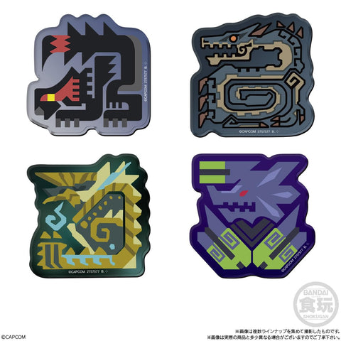 BANDAI Monster Hunter 20th Anniversary blind box packaging with acrylic magnet and chewing gum