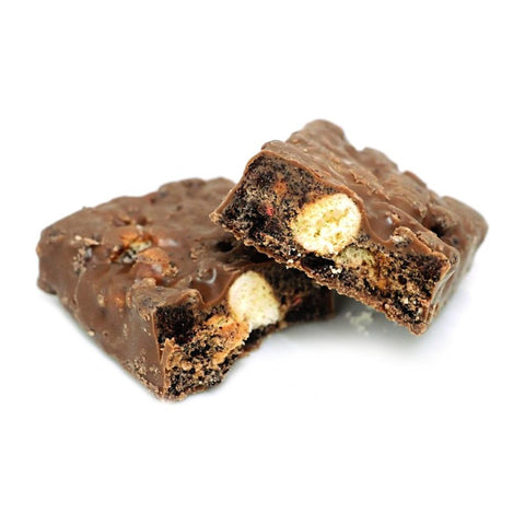 Inside of Black Thunder bar showing crunchy cookie and rice puff texture