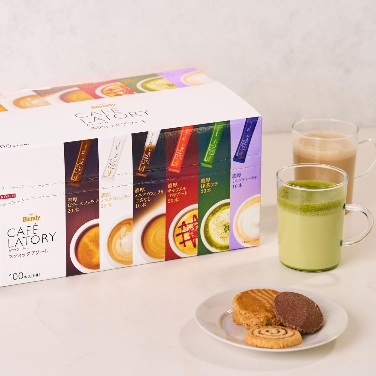 Japanese instant latte sticks variety including matcha caramel and milk tea