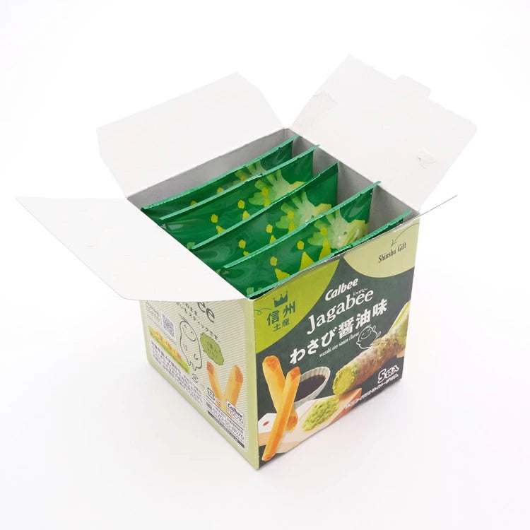 Close-up of Calbee Jagabee wasabi soy sauce flavor skin-on potato sticks