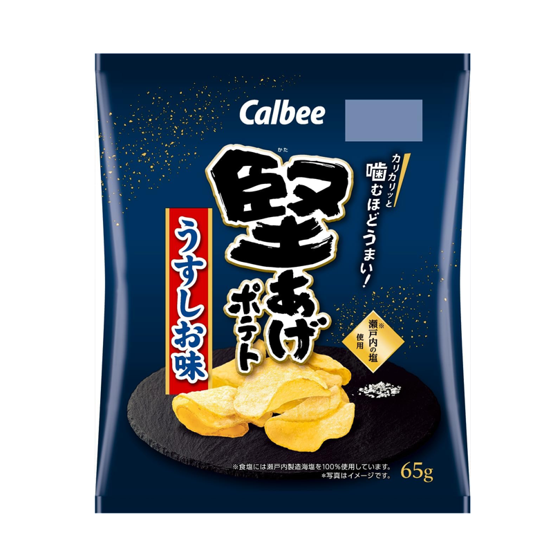 Front view of Calbee Kataage Potato Chips Lightly Salted 65g bag