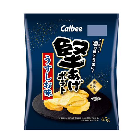 Front view of Calbee Kataage Potato Chips Lightly Salted 65g bag