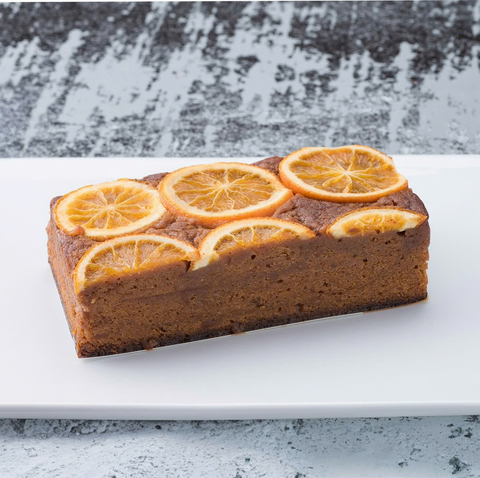 Moist slice of caramel orange pound cake with soft texture