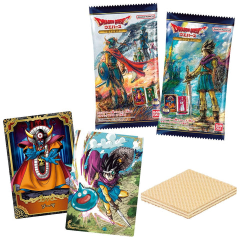 Dragon Quest Wafer Roto Trilogy 20-piece box by Bandai featuring collectible metallic cards and chocolate wafers.