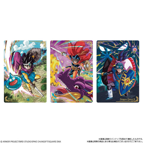 Collection of Dragon Quest metallic cards from the Roto Trilogy wafer series showing heroes and monsters.