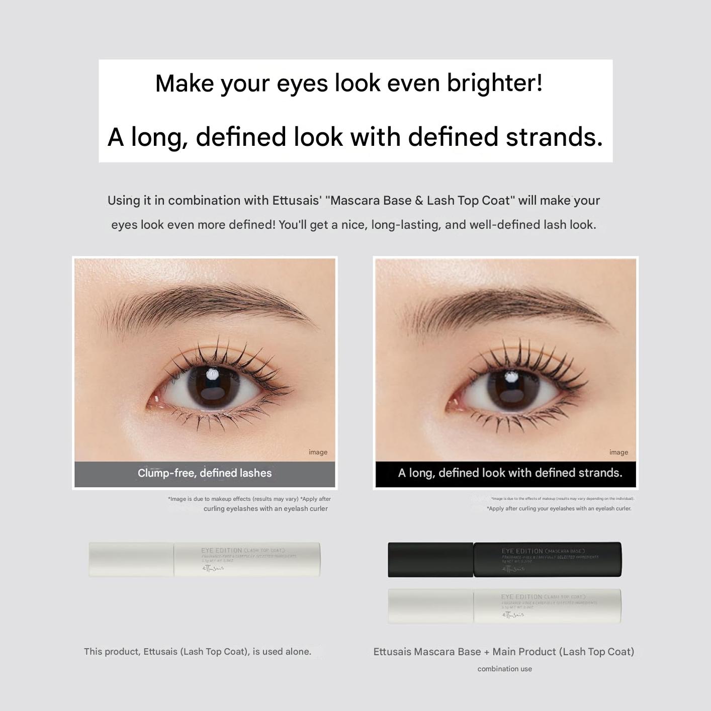 Close-up of Ettusais lash topcoat brush and glossy black formula texture