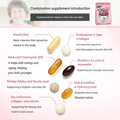 Individually packaged FANCL daily supplement sachets for women over 60