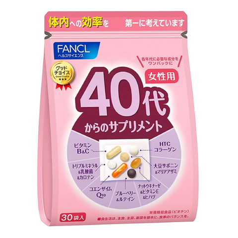FANCL women’s 40s daily supplement pack with vitamins, minerals, probiotics and collagen made in Japan