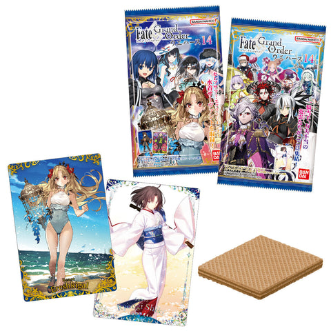 Close-up of metallic Fate/Grand Order collectible cards from Wafer Vol.14