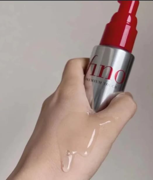 Before and after using Fino hair oil showing smooth shiny hair results