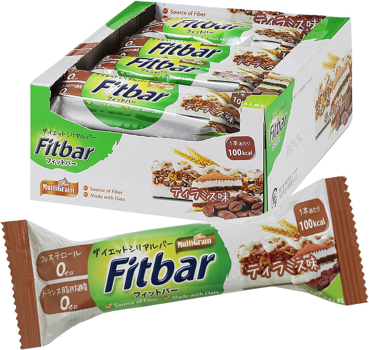 Fitbar Tiramisu flavor cereal bar box with 12 individually wrapped Japanese nutrition bars