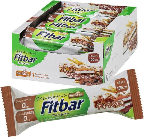 Fitbar Tiramisu flavor cereal bar box with 12 individually wrapped Japanese nutrition bars