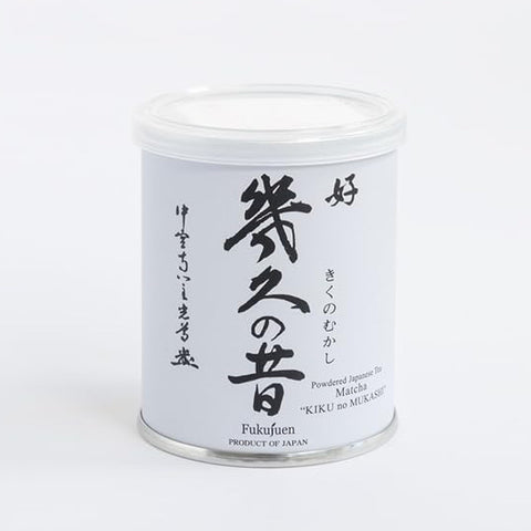 Fukujuen Ikuhisa no Mukashi premium ceremonial matcha 40g tea can from Kyoto Japan
