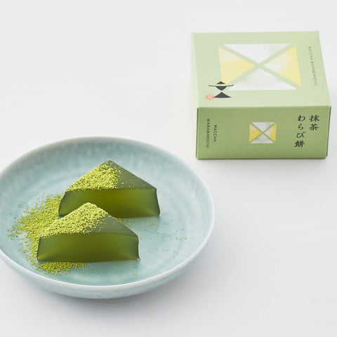 Individually boxed Fuminosuke Chaya warabi mochi in wasanbon and matcha flavors