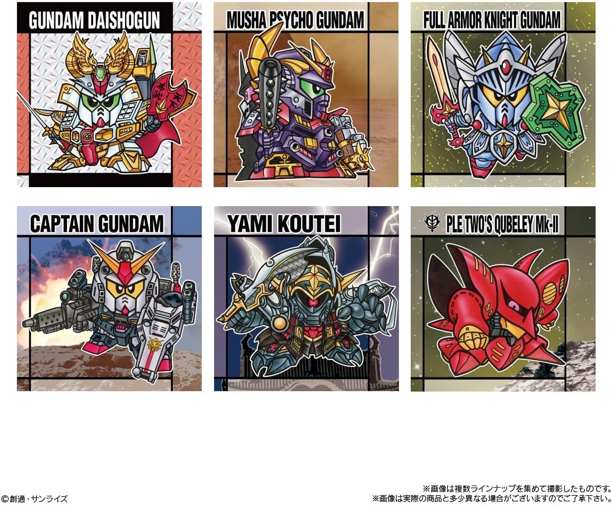 Individual packs of Ganso SD Gundam Snack II showing random collectible stickers