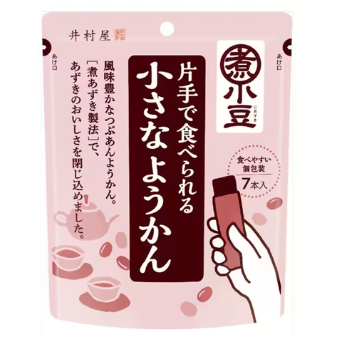 Front packaging of Imuraya One-Handed Bite-Sized Yokan sweet red bean jelly containing 7 individual 15g sticks.