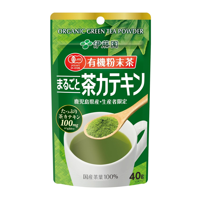 Front view of ITOEN Organic Powdered Green Tea Whole Leaf Catechins 40g pouch