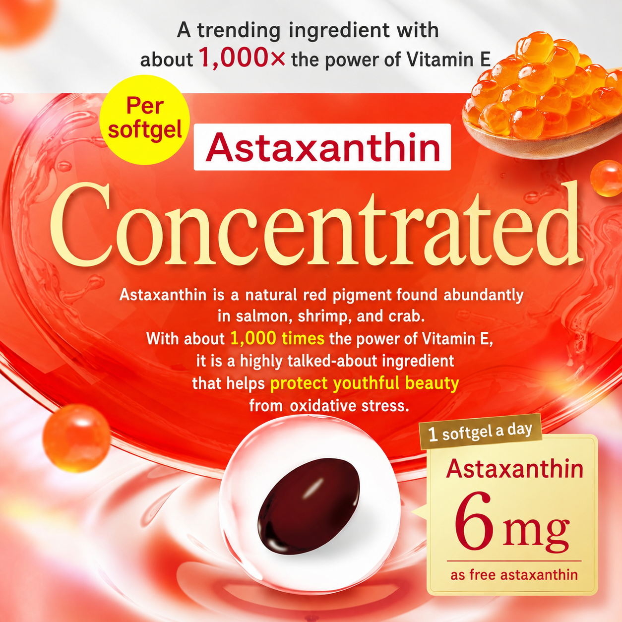 Japanese GMP-certified astaxanthin antioxidant soft capsules with Vitamin C and Vitamin E for beauty support