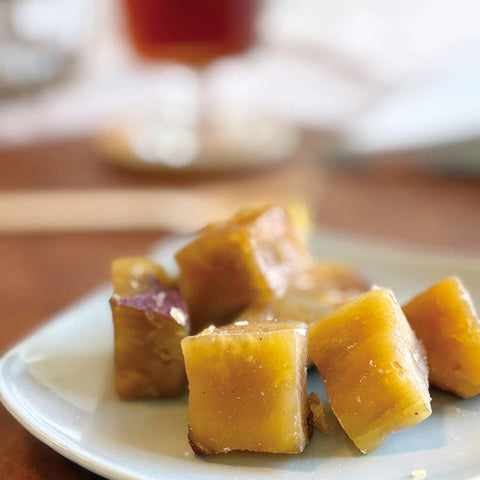 Close-up of Japanese additive-free candied Naruto Kintoki sweet potato pieces