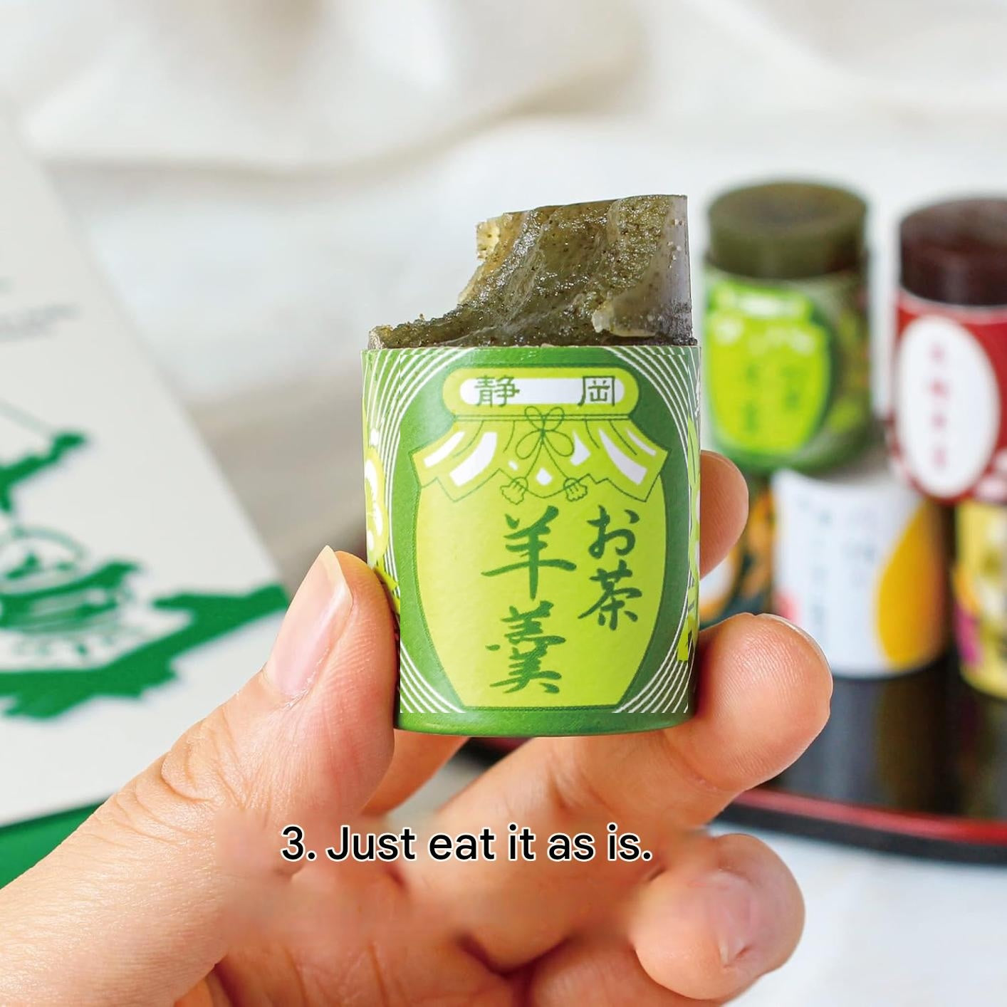 Japanese green tea yokan wagashi dessert with bite-sized servings