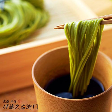 Detail shot of Japanese matcha soba noodle set highlighting ingredients