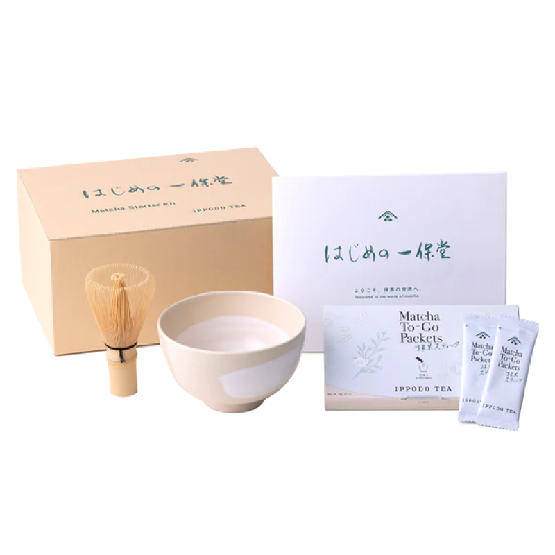 Japanese matcha starter kit including ceramic matcha bowl bamboo whisk and premium matcha sticks