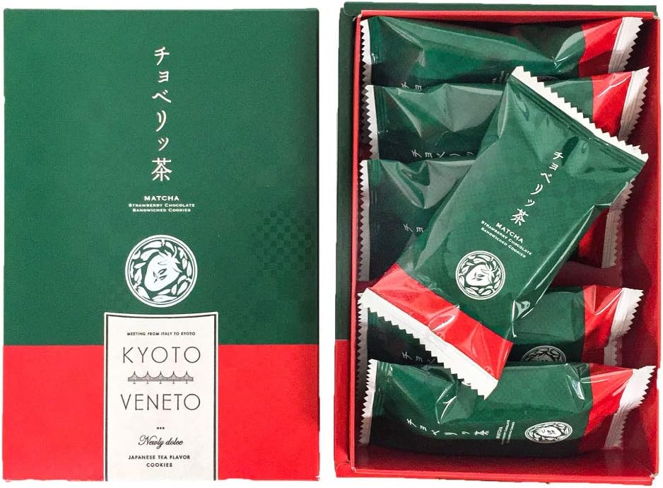 Japanese Kyoto gift box of 6 matcha and strawberry sandwich cookies, perfect for souvenirs and seasonal gifts.