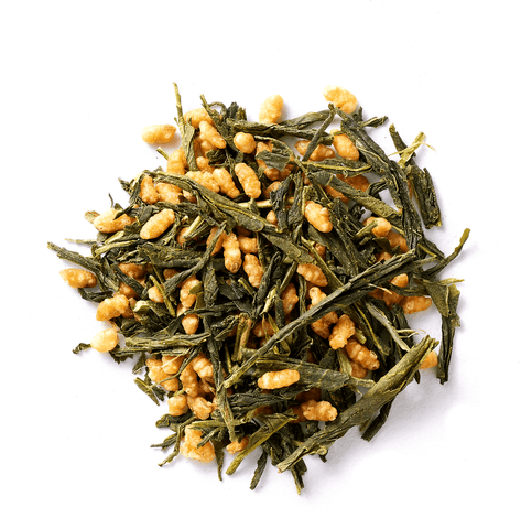 Japanese organic genmaicha tea leaves blended with roasted brown rice