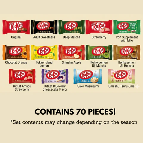A collection of rare regional Japanese KitKat bars from the 70-piece variety box spread out on a table.