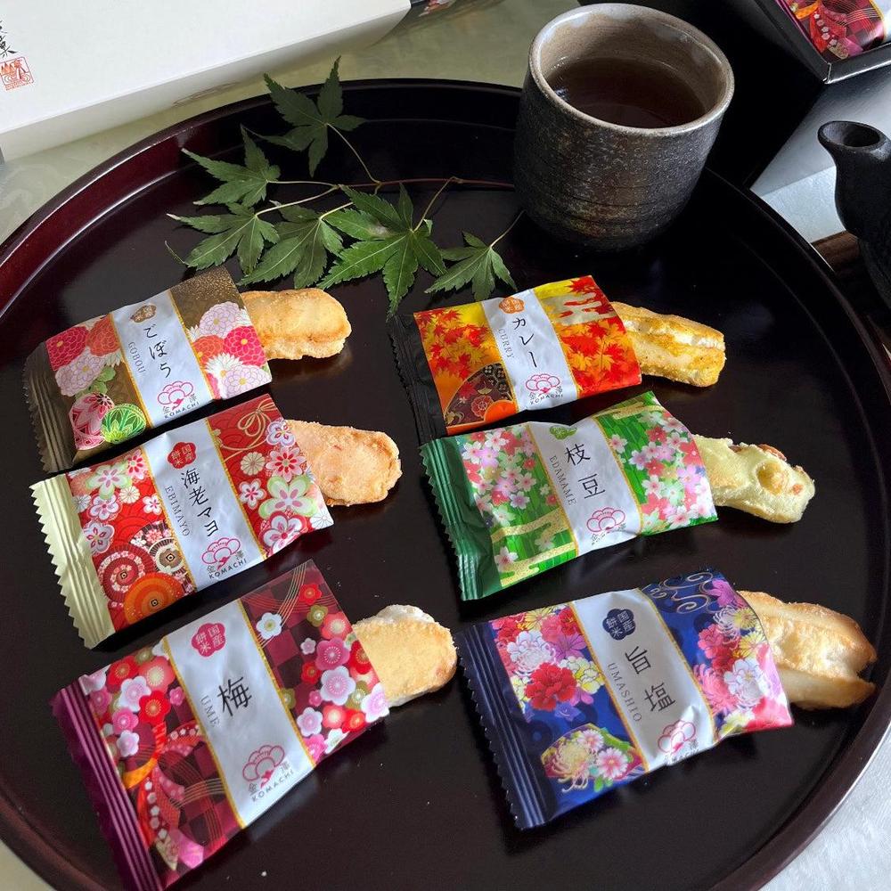 Kanazawa Kenroku Seika KMC-20 Japanese rice cracker flavors displayed together