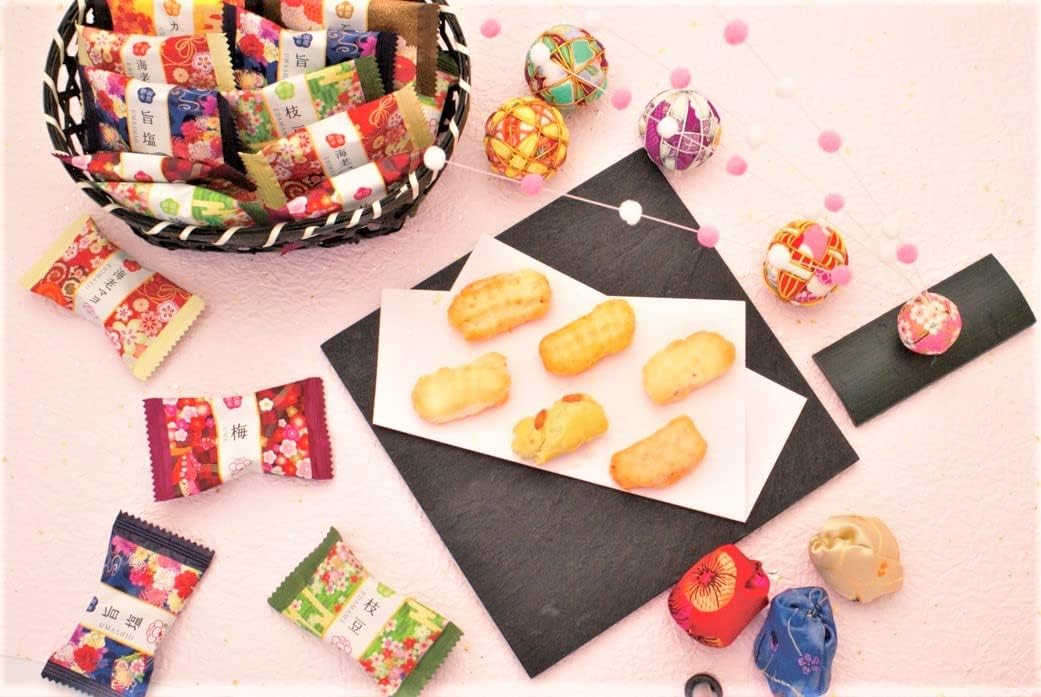 Assorted okaki and arare flavors from Kanazawa Komachi neatly packaged in a box