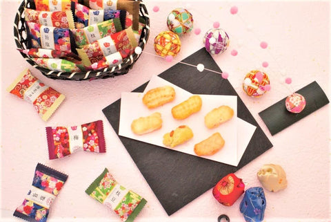 Assorted okaki and arare flavors from Kanazawa Komachi neatly packaged in a box