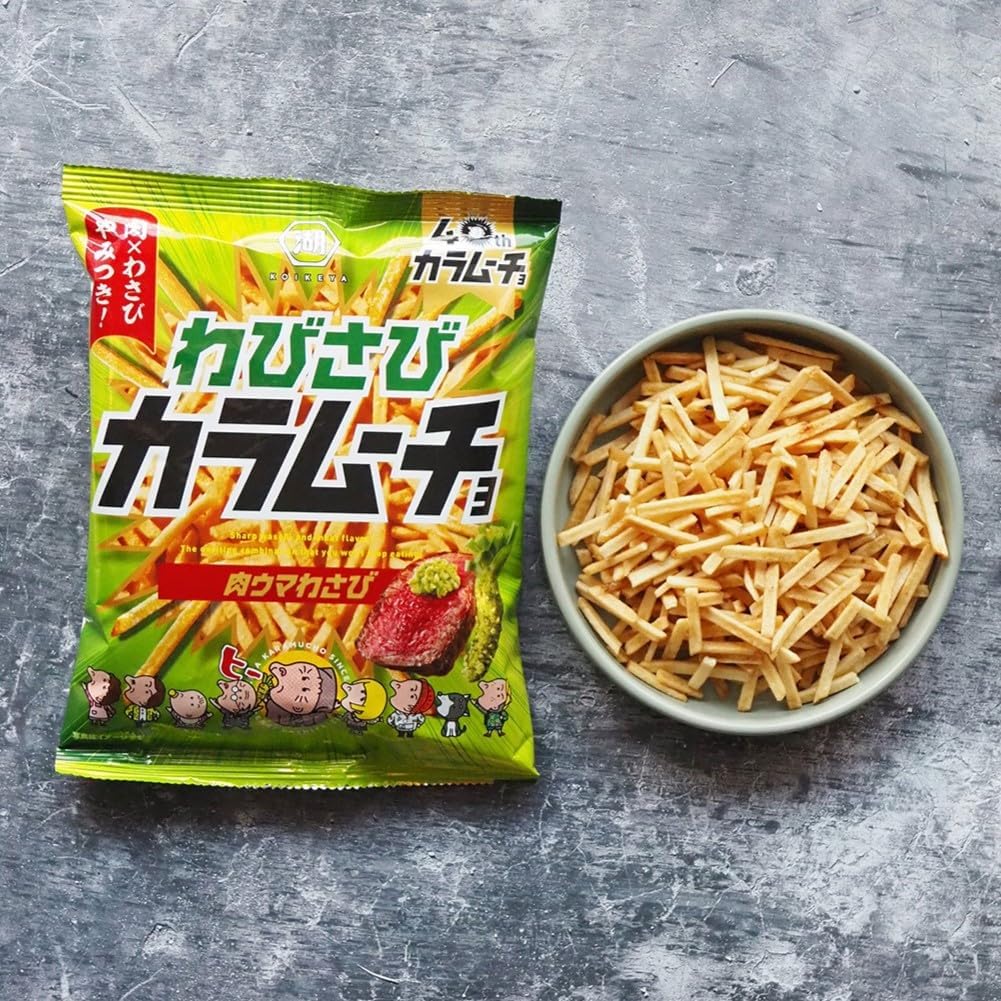 Close-up of Karamucho wasabi meat flavor potato sticks with crunchy texture