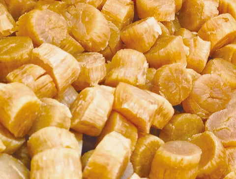Rehydrated Hokkaido dried scallops being prepared for cooking, showing plump texture