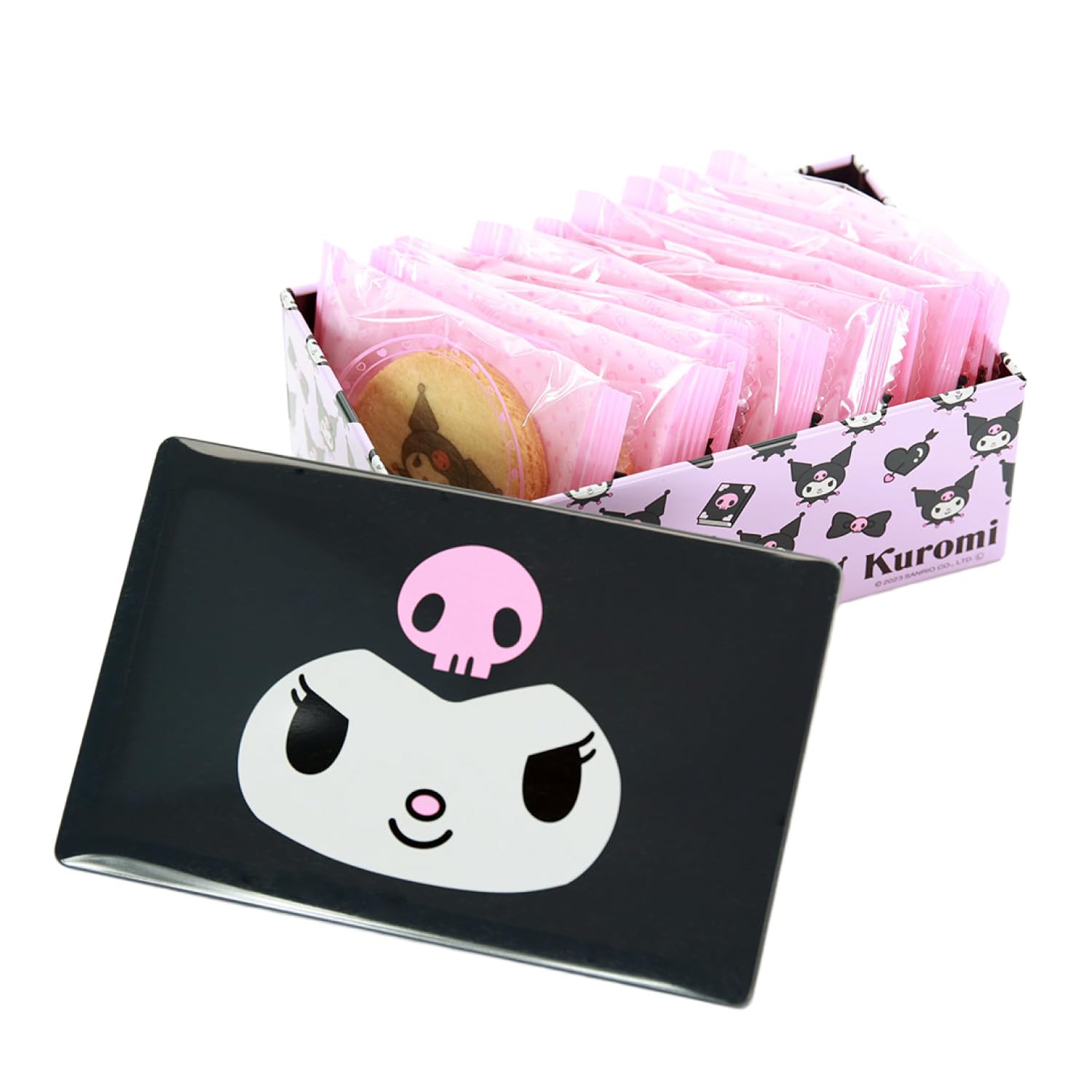 Kuromi printed cookie tin by Nagatoya with 10 Sanrio cookies.