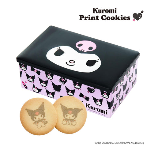 Open view of Nagatoya Kuromi cookie tin showing printed cookies inside.
