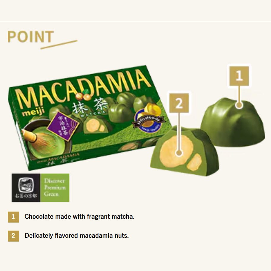 Roasted macadamia nuts coated in Meiji matcha chocolate