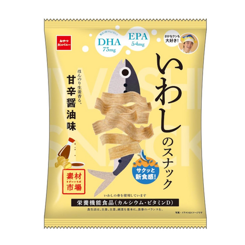Front packaging of Motomachi Iwashi Snack Sweet Soy & Ginger Flavor