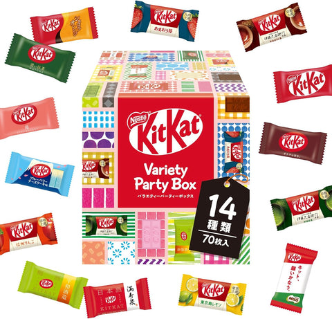 A large red gift box filled with 70 assorted Japanese KitKat flavors including Matcha, Strawberry, and Orange.