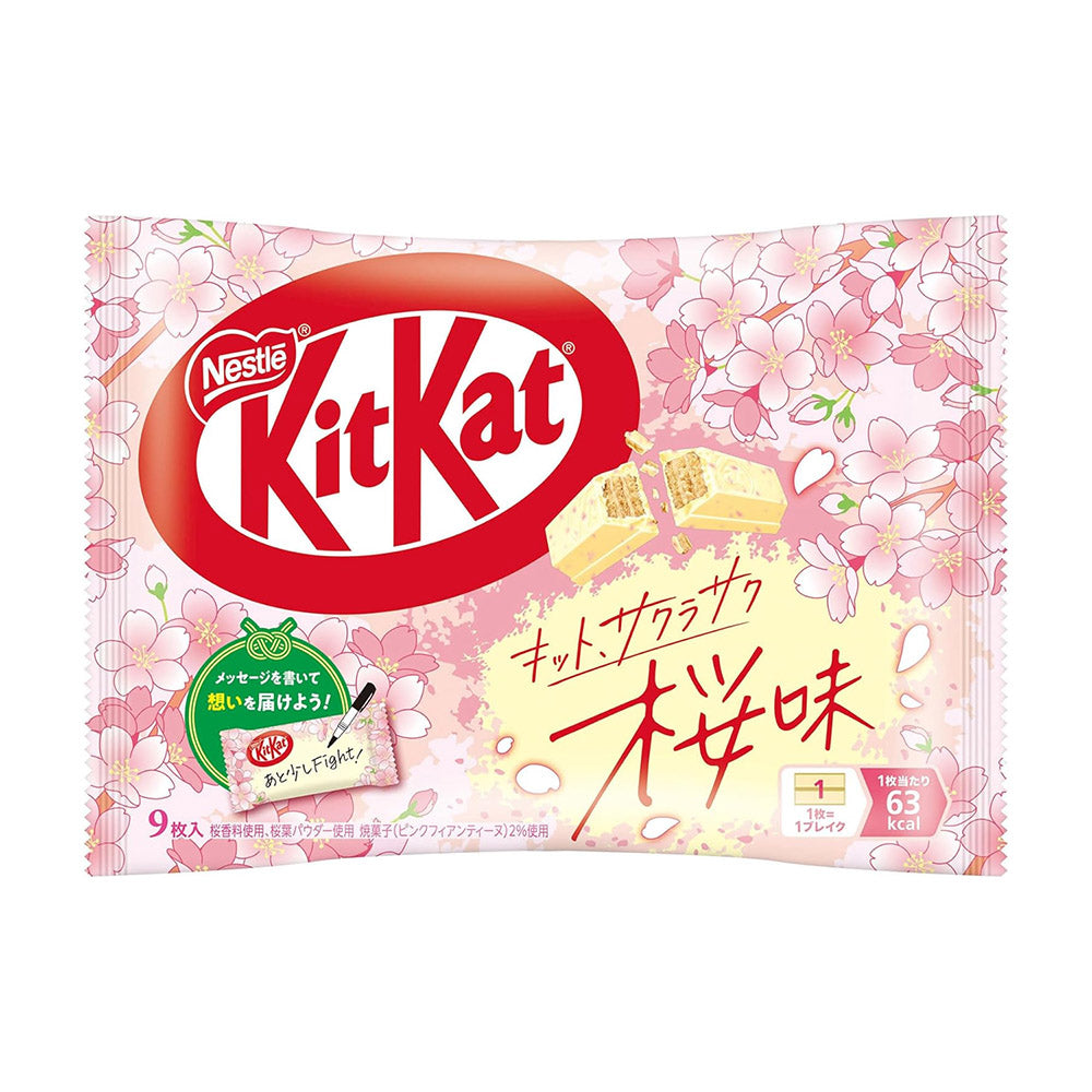 A 9-piece bag of Nestlé Japan Sakura Cherry Blossom KitKats with pink floral packaging.